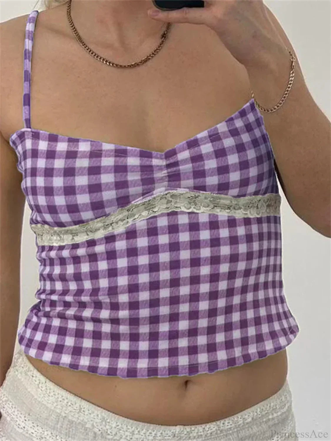 Vintage Plaid Lace Patchwork Spaghetti Crop Top