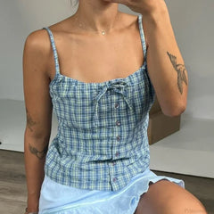 Y2K Plaid Print Sleeveless 00s Aesthetic Front Button Retro Backless Slim Fit Crop Top